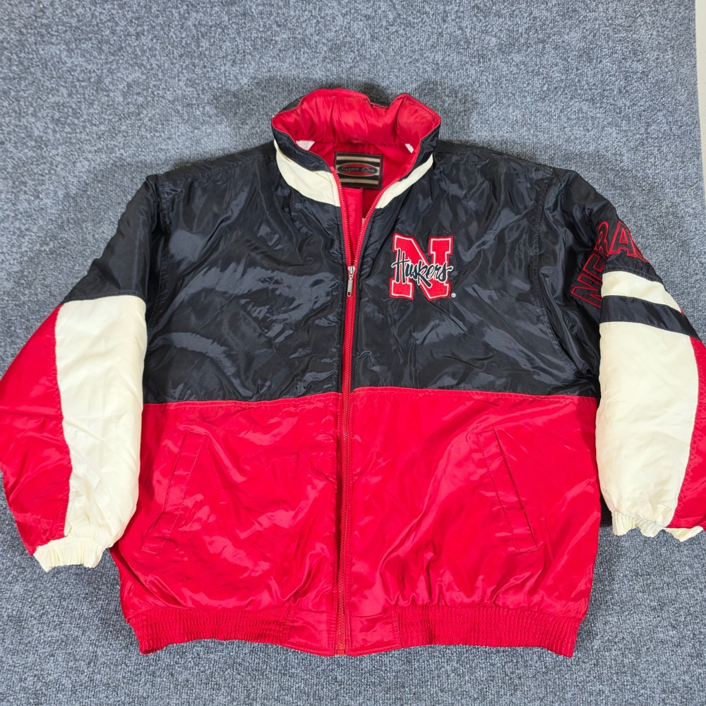 Vintage Nebraska Cornhuskers Sport One Bomber Jacket Red Black Mens 2XL Zip Up